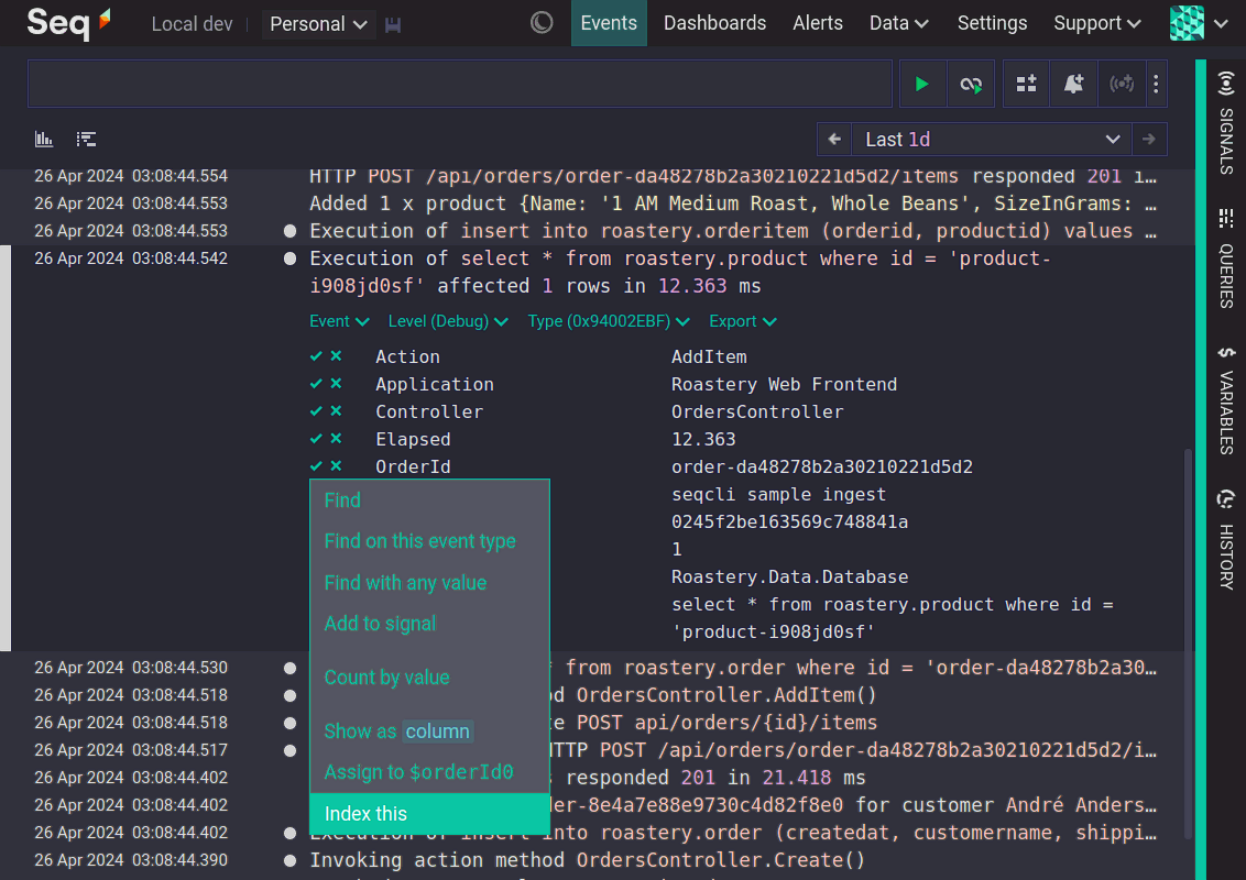An expanded event with 'Index this' highlighted for the 'OrderId' property.