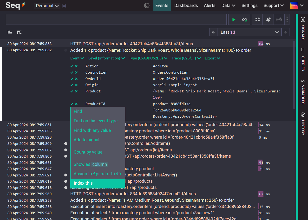 High-cardinality indexes can be defined from the new Index this menu item when interacting with properties on the events page.