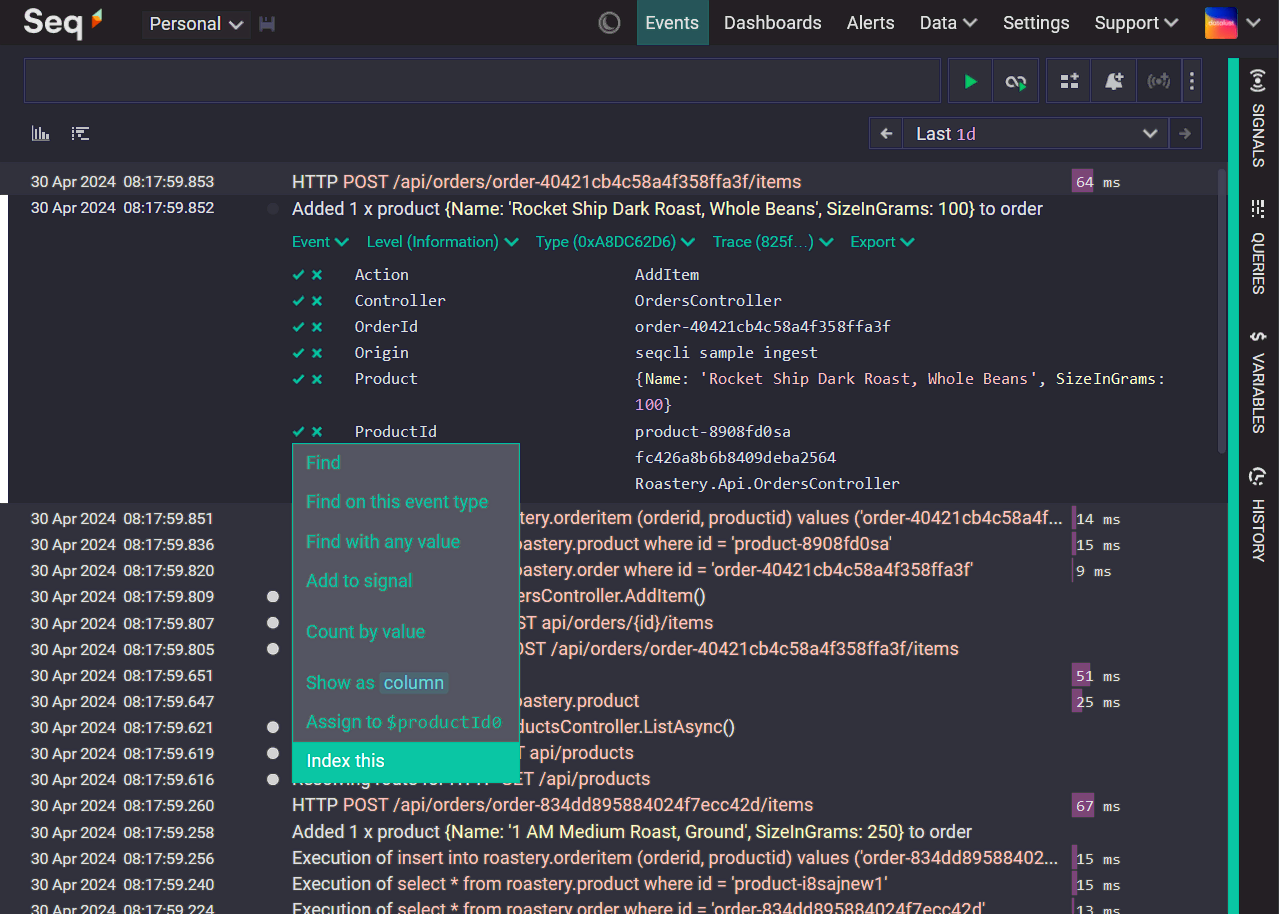 High-cardinality indexes can be defined from the new Index this menu item when interacting with properties on the events page.