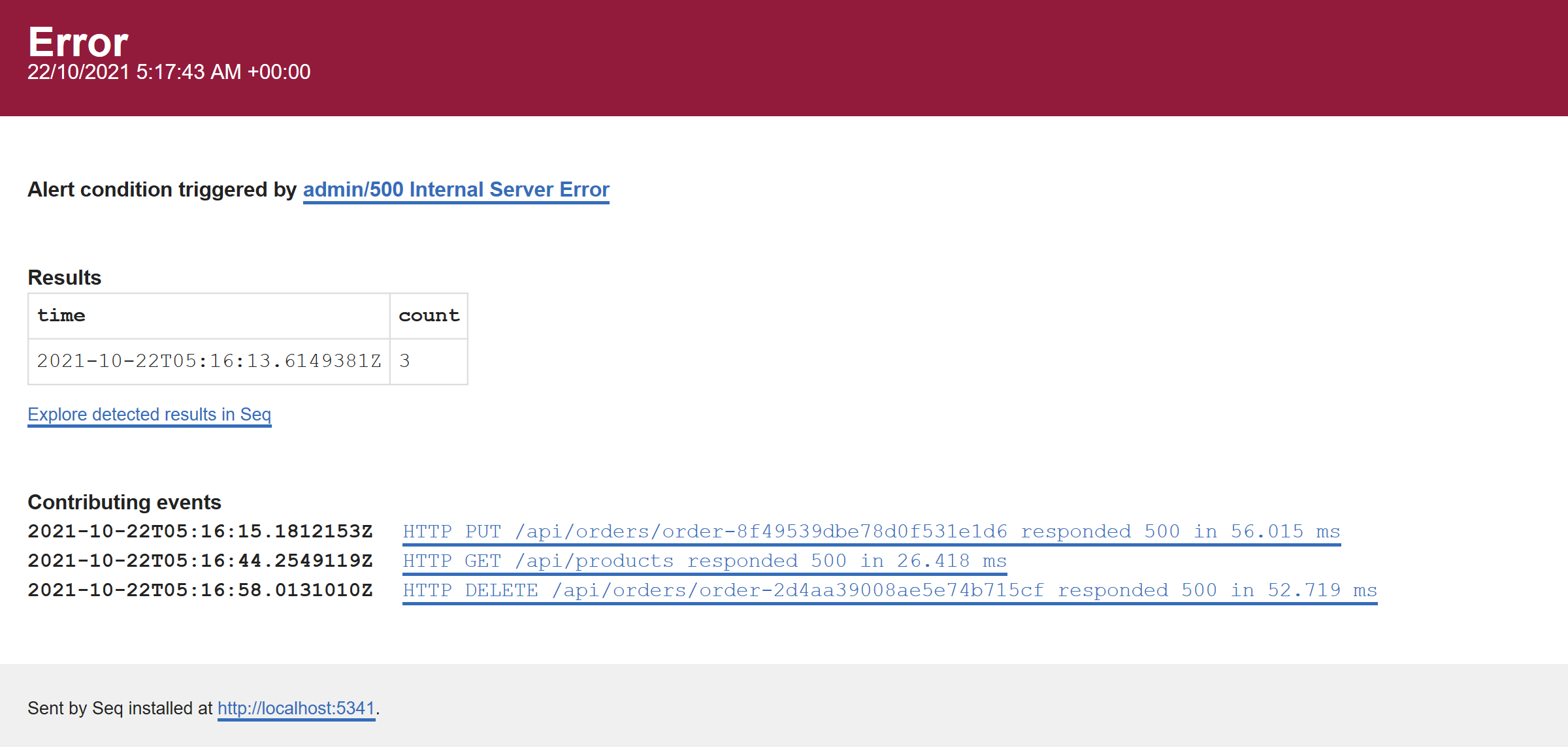 An alert notification formatted as HTML email. The notification includes the result rowset, and a selection of events that contributed to the alert.