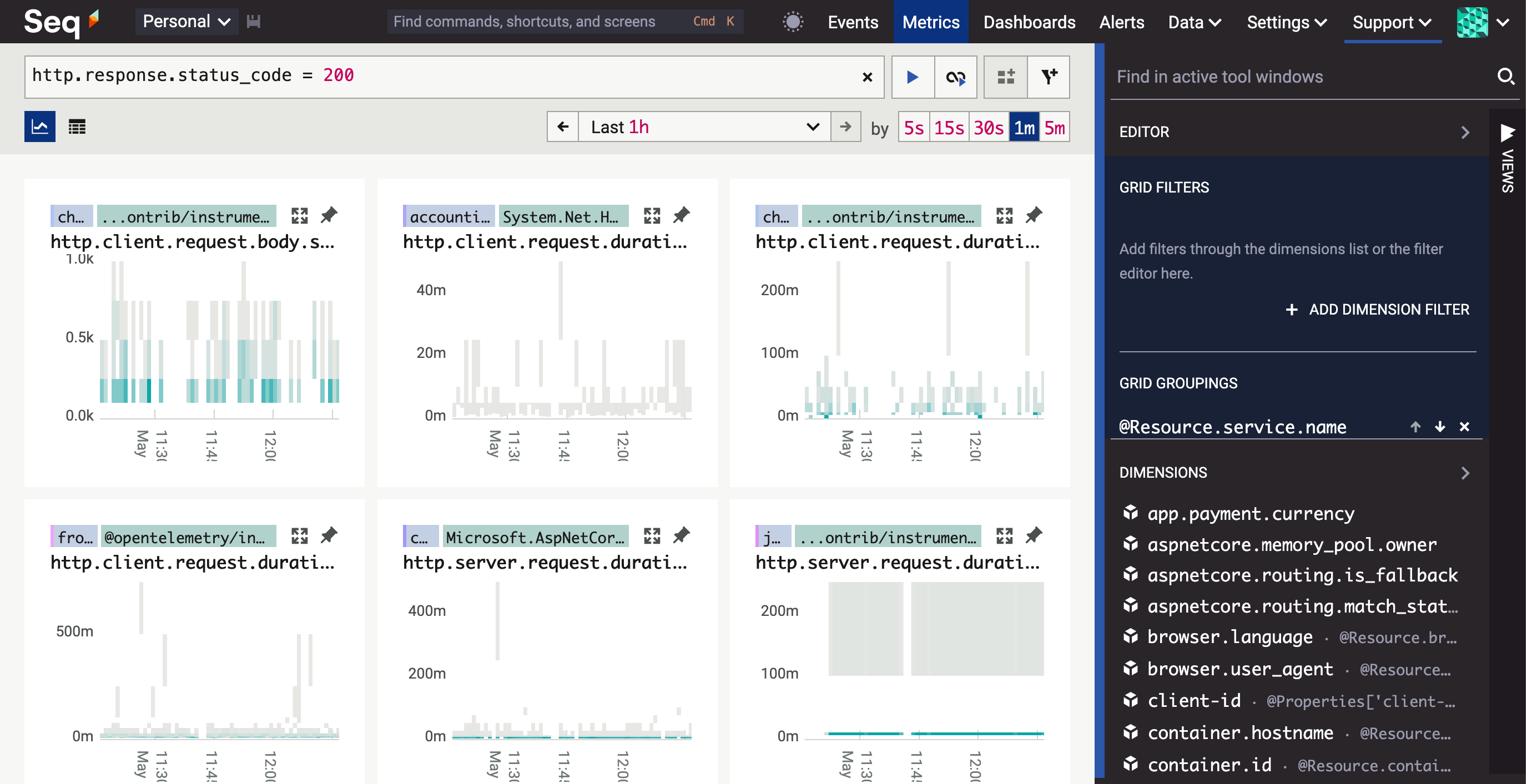 A metric search on "http.response.status_code = 200".