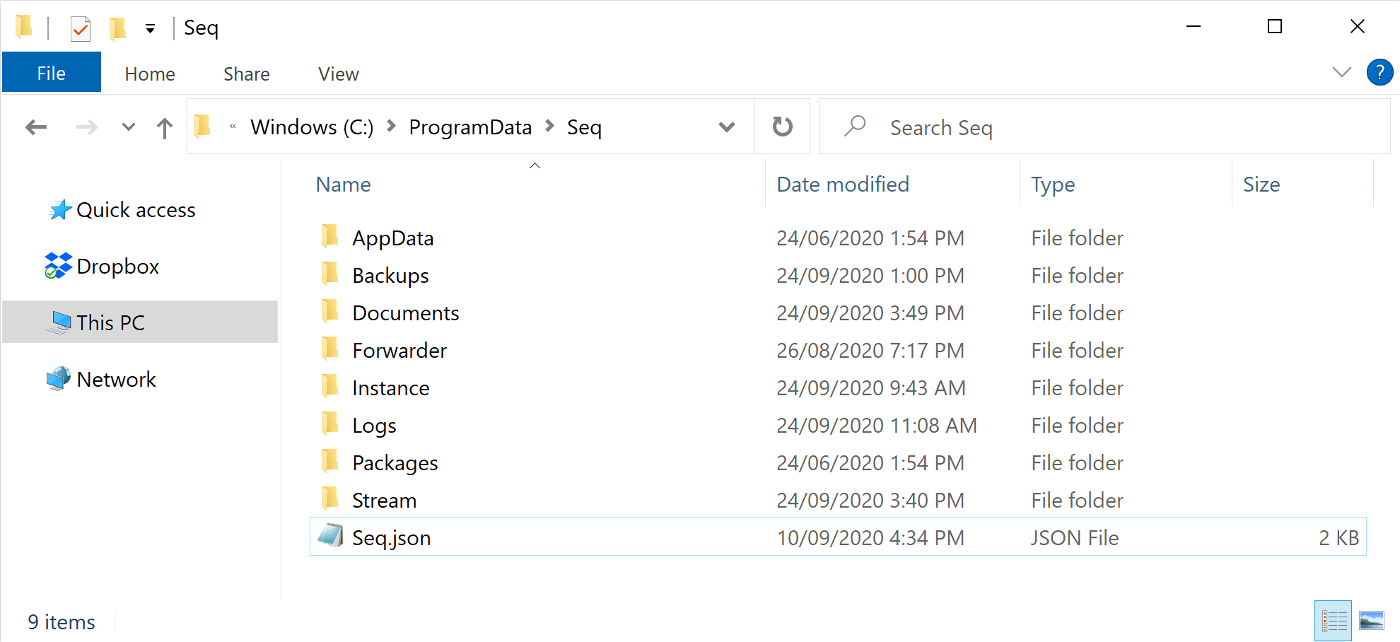 In this example the storage path is C:\ProgramData\Seq.
