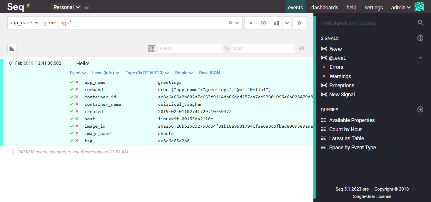 Structured Docker container logs in Seq