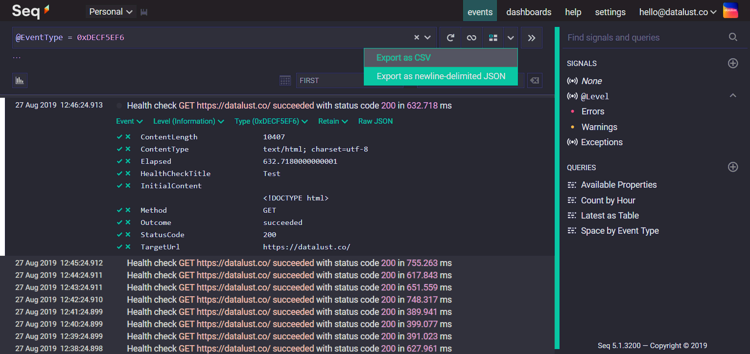 Seq screenshot showing JSON export menu item