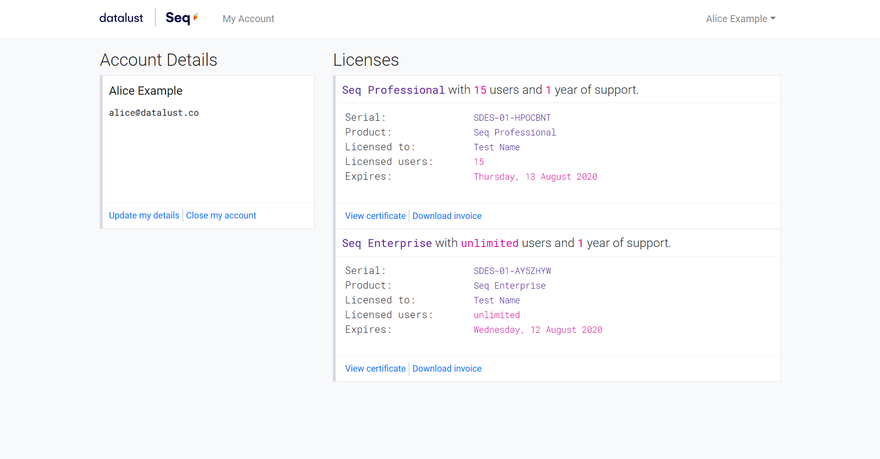 Account homepage showing Seq licenses
