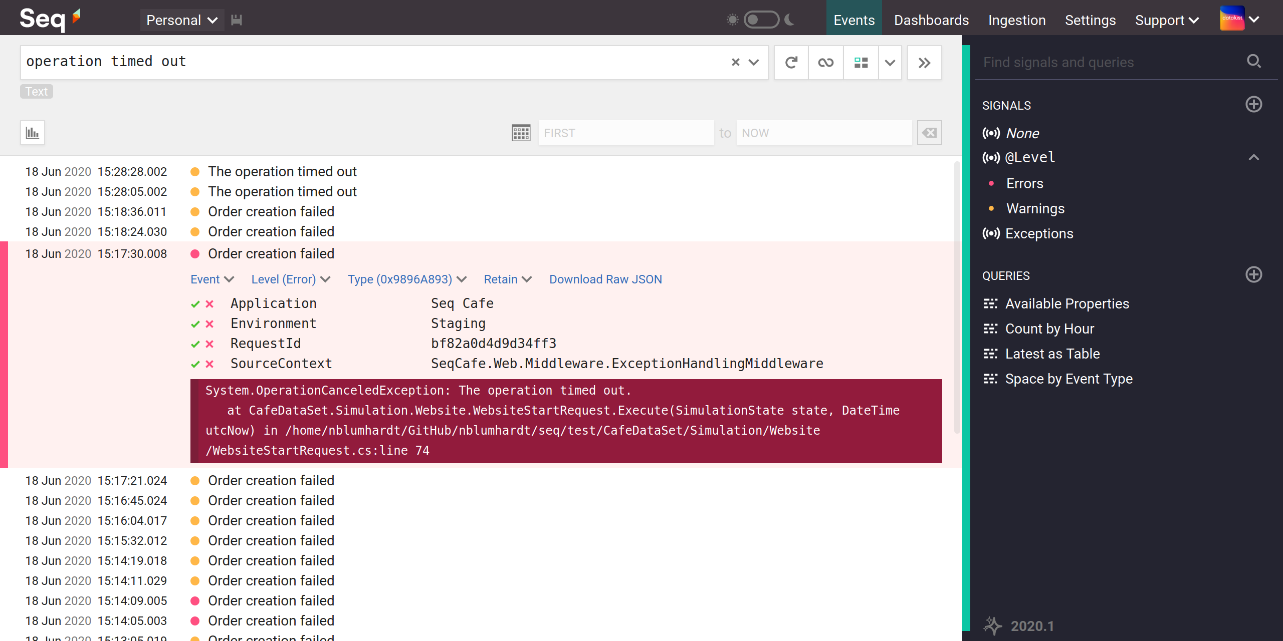 Text search showing some errors and warnings for the query "operation timed out"