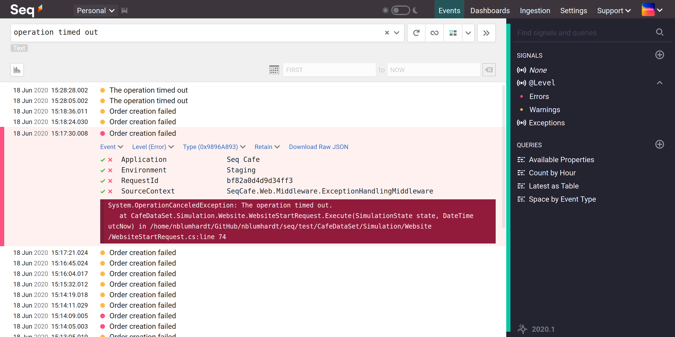 Text search showing some errors and warnings for the query "operation timed out"