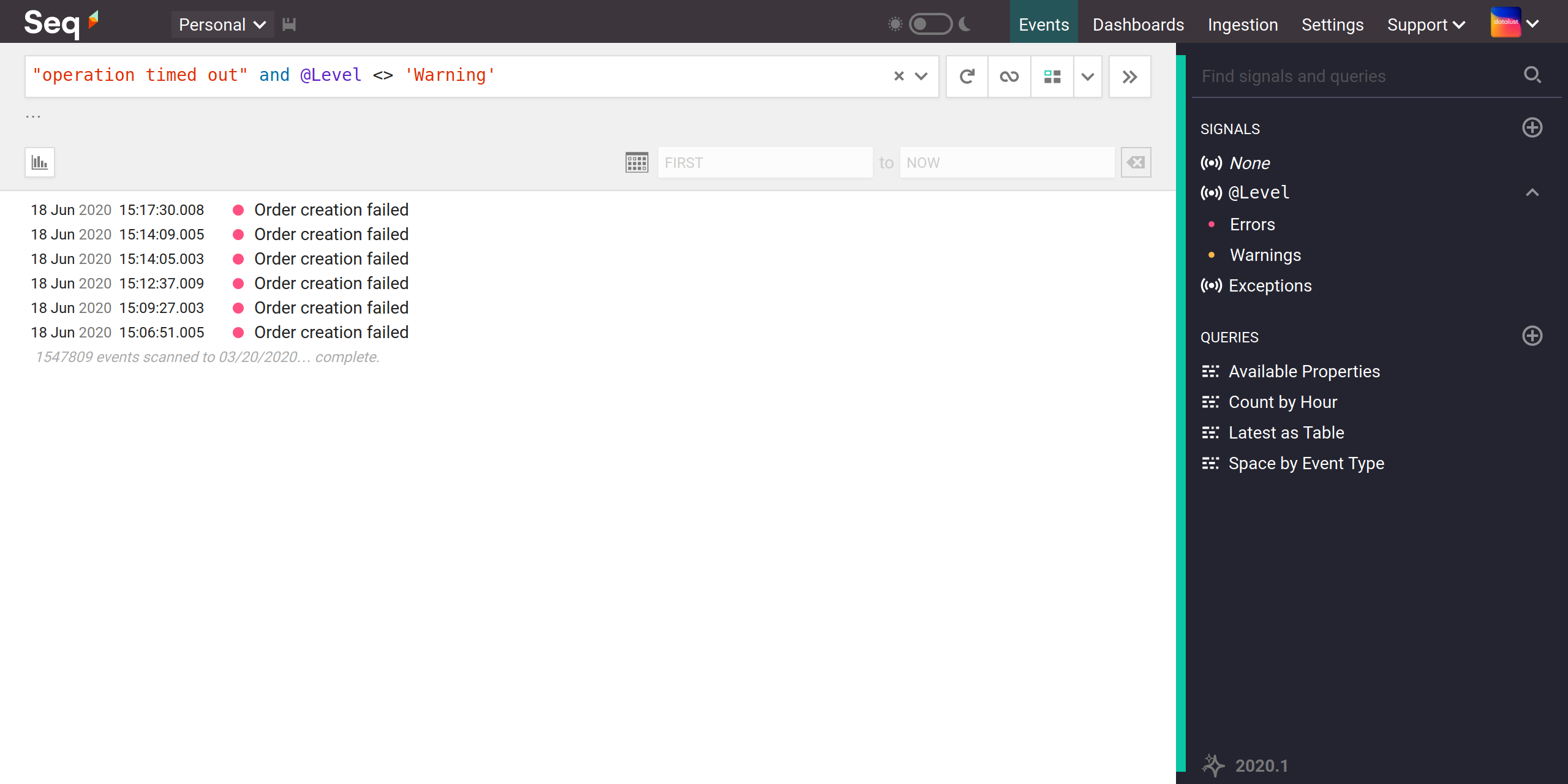 Search for "operation timed out" and @Level > 'Warning'