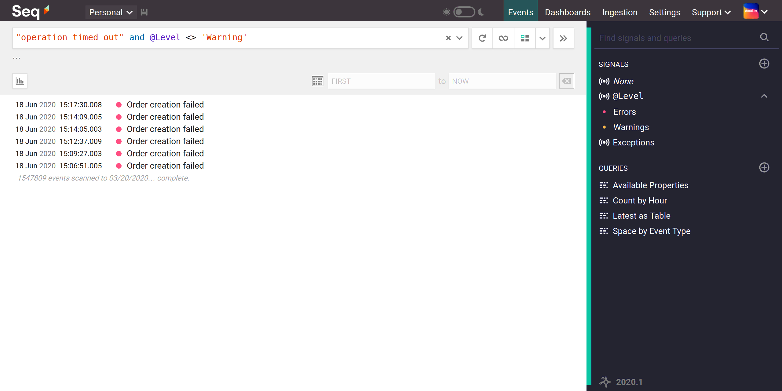Search for "operation timed out" and @Level > 'Warning'