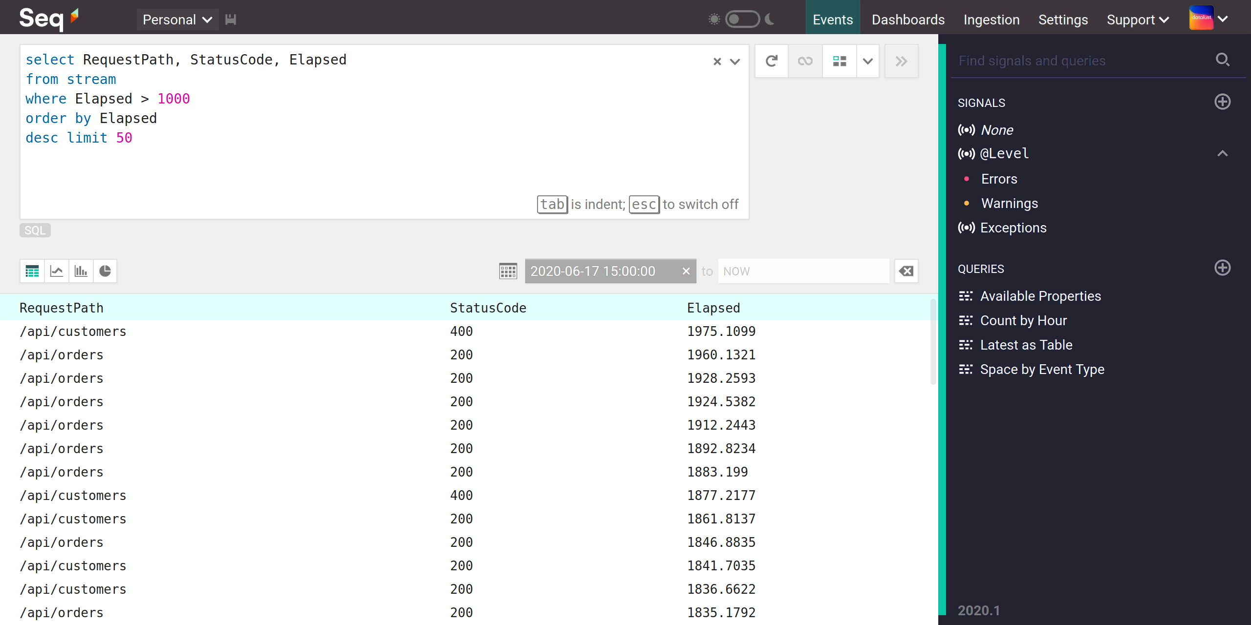 The query "select RequestPath, StatusCode, Elapsed from stream where Elapsed > 1000 order by Elapsed desc limit 50"