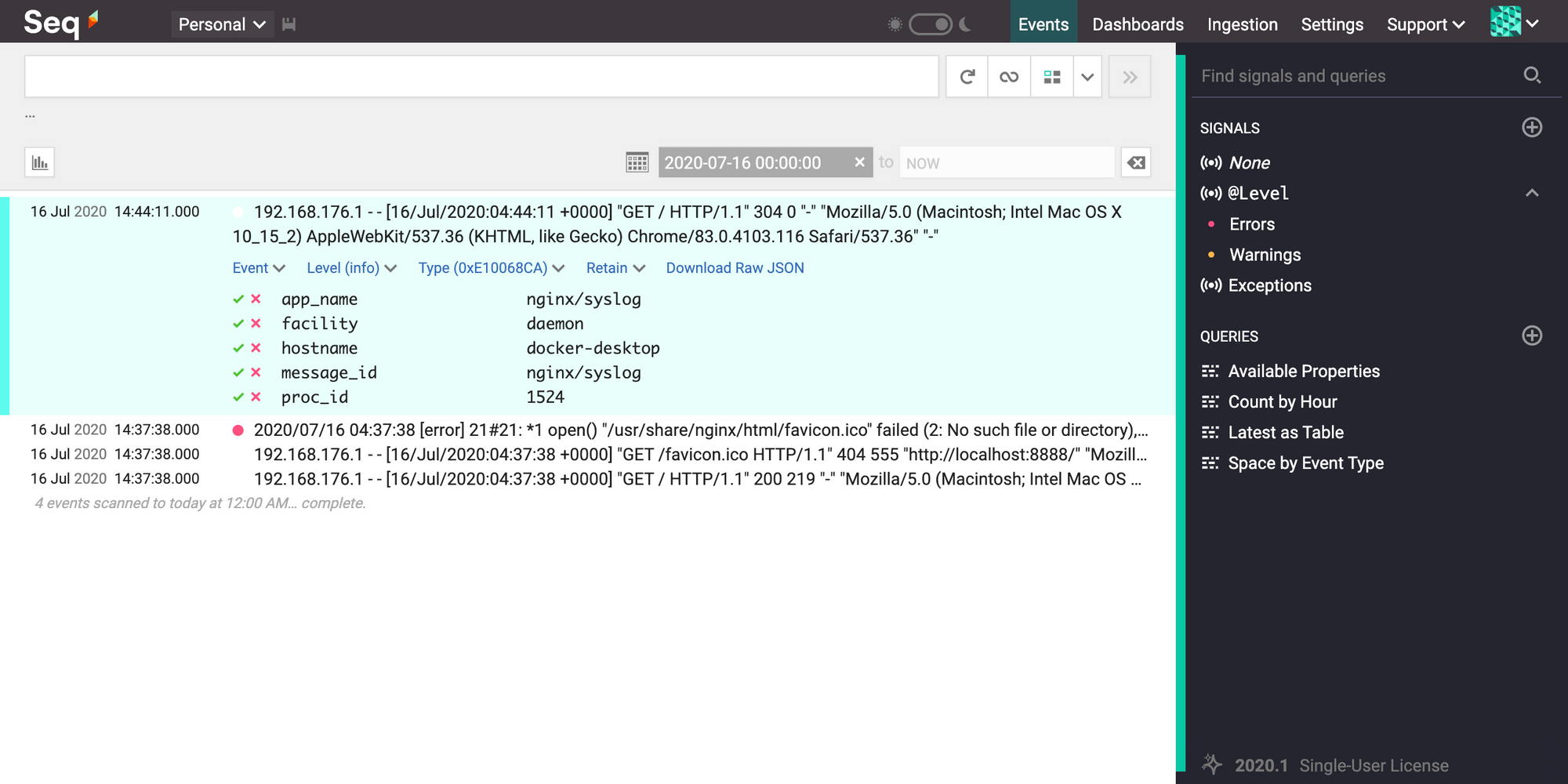 Seq app showing RFC 5424 log message from NGINX Docker instance.