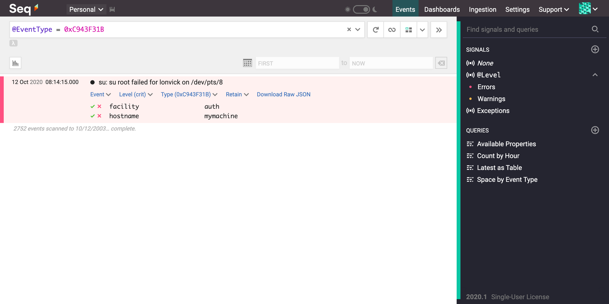 Seq instance showing a RFC 3164 formatted log message.