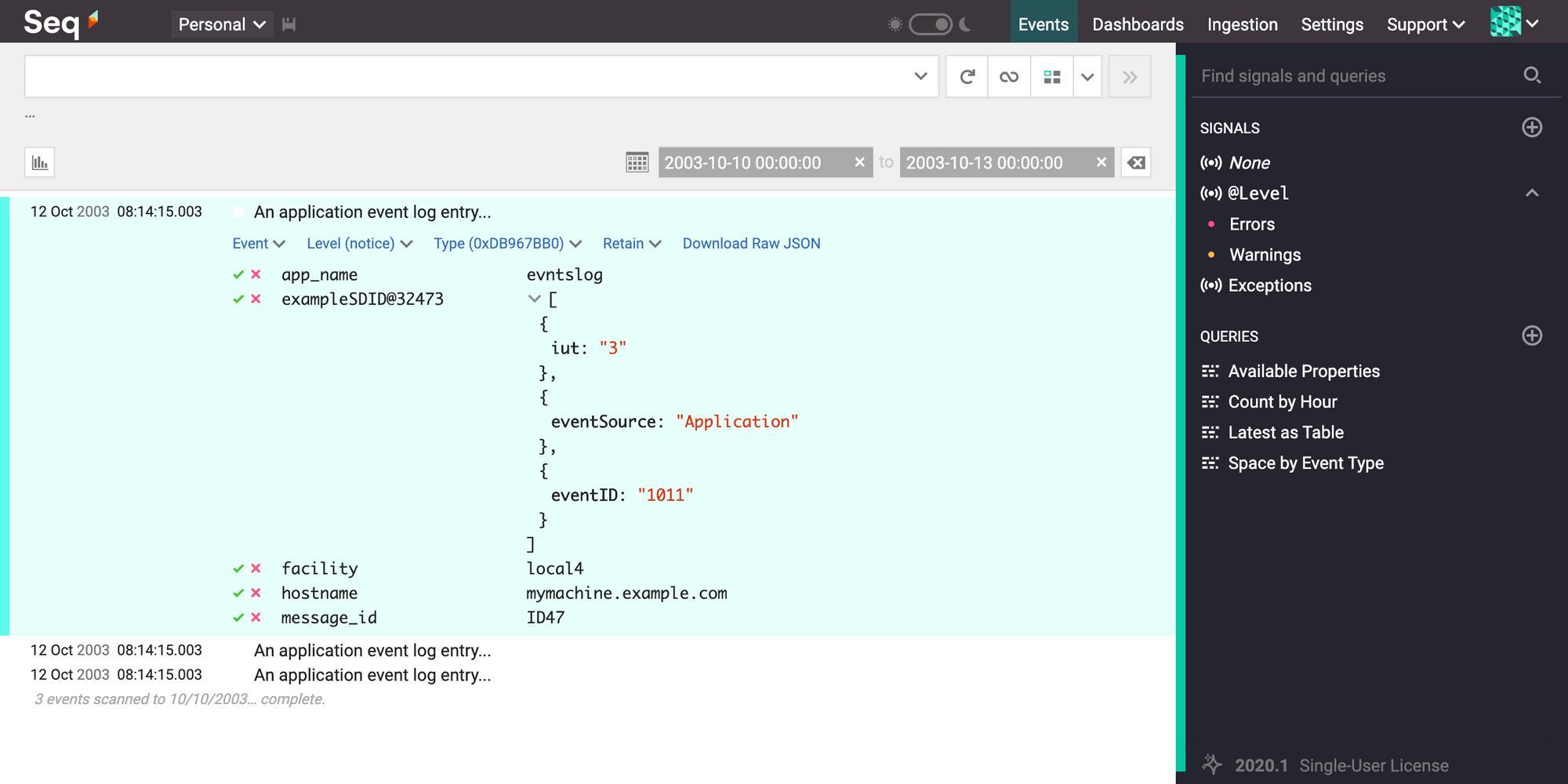 Seq instance showing a RFC 5424 formatted log message.
