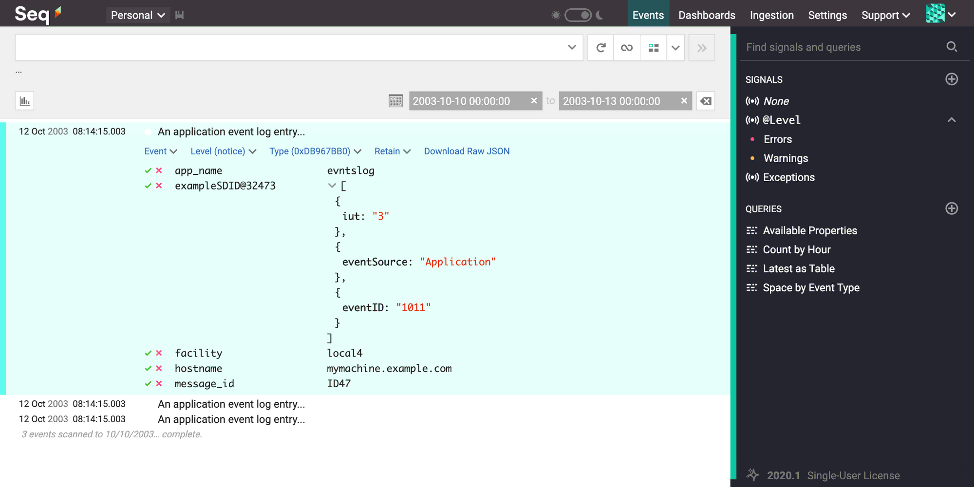 Seq instance showing a RFC 5424 formatted log message.