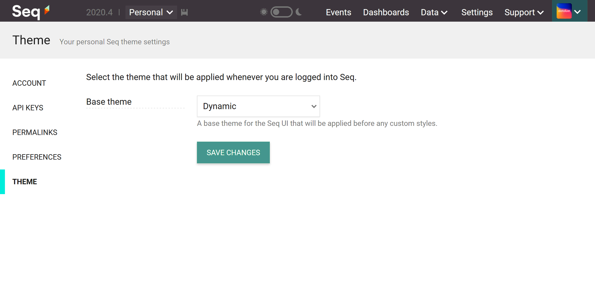 The Seq user preferences Theme page, showing the base theme selector with Dynamic option selected.