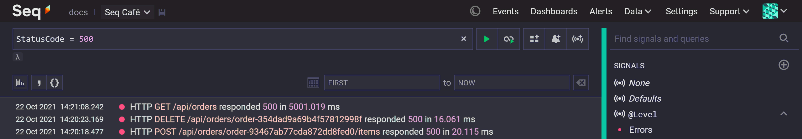 Seq 2021.3 search bar layout, showing go/tail button group, and add to dashboard/add alert/add signal button group to the right of the search box, and JSON/CSV export buttons above the result set.