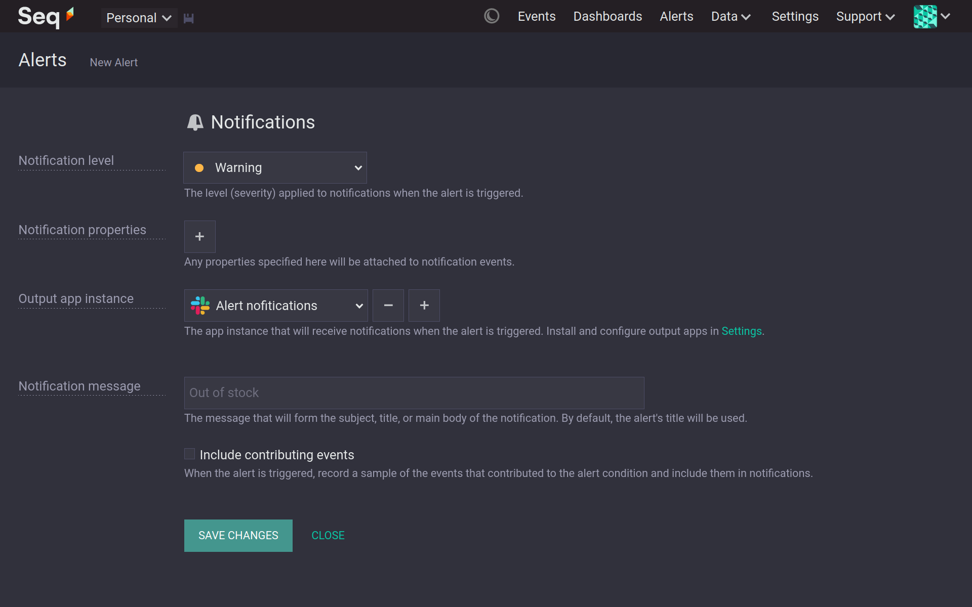 Creating an alert that sends events to Slack