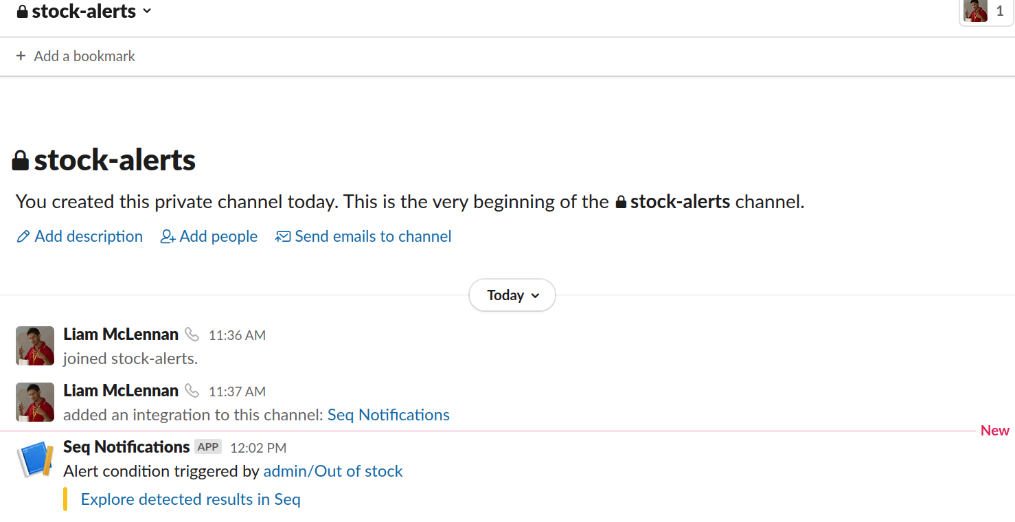 Seq alert has arrived in Slack