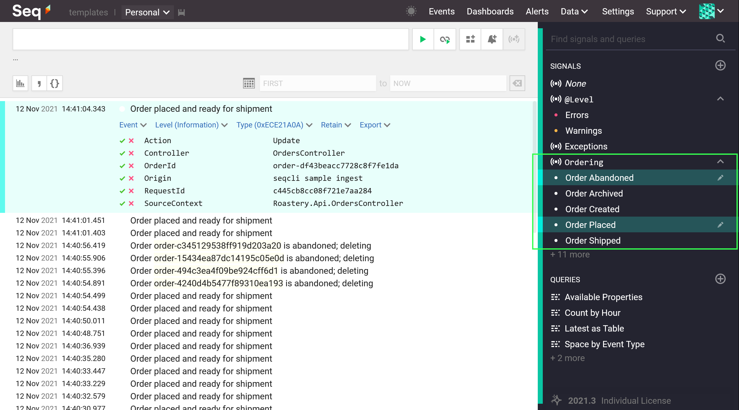 Source server with signals for order lifecycle events.