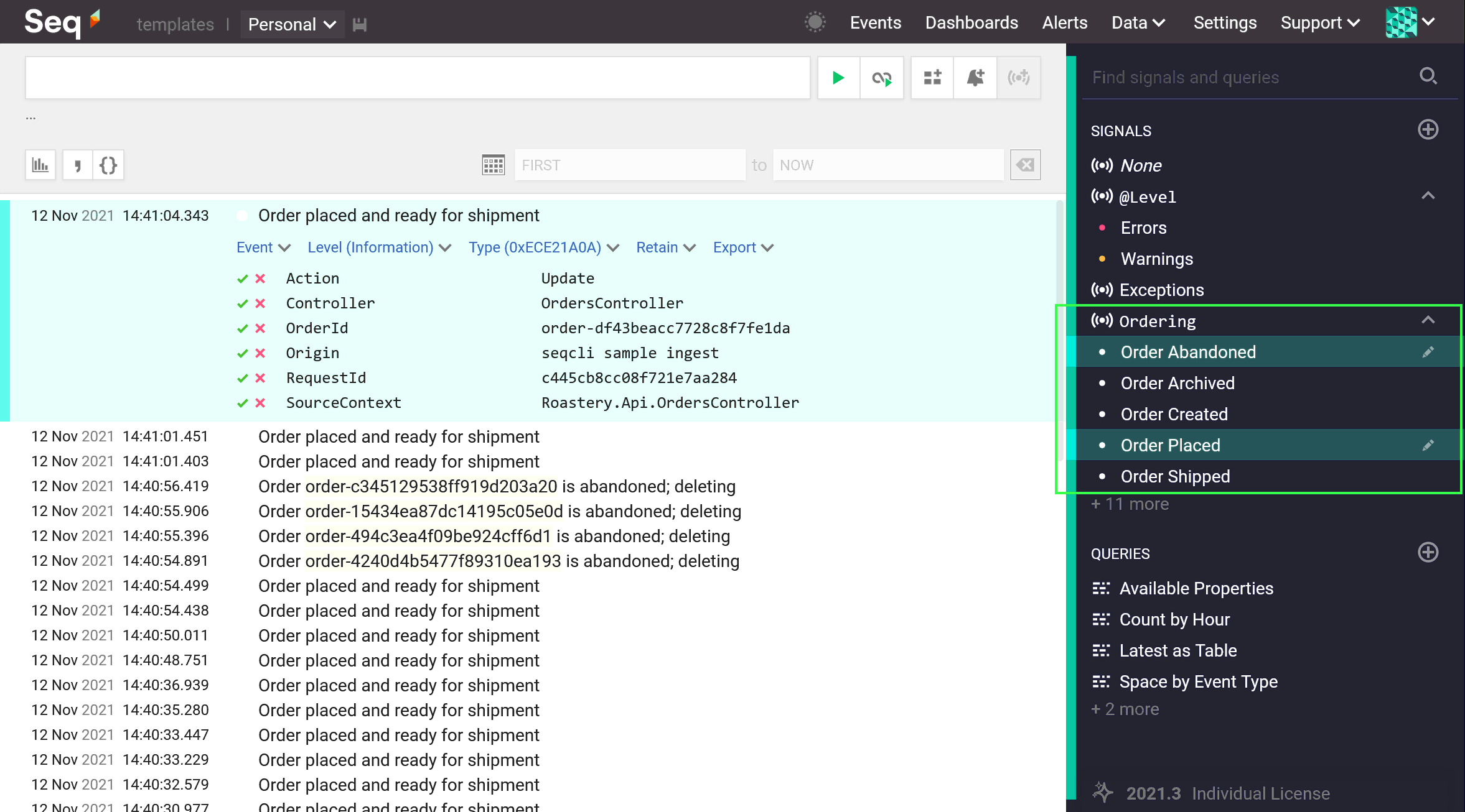 Source server with signals for order lifecycle events.