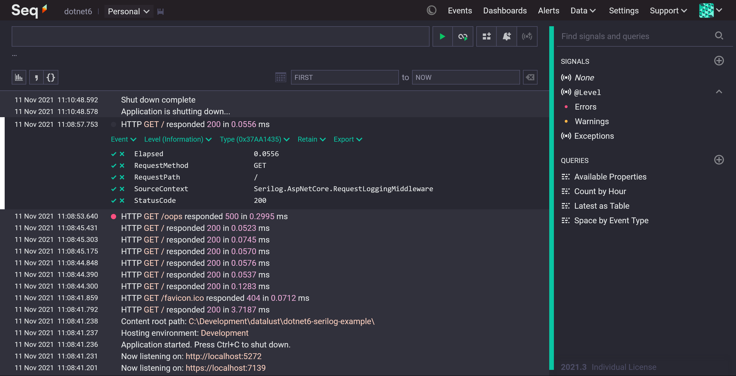 .NET 6 web application logs in Seq