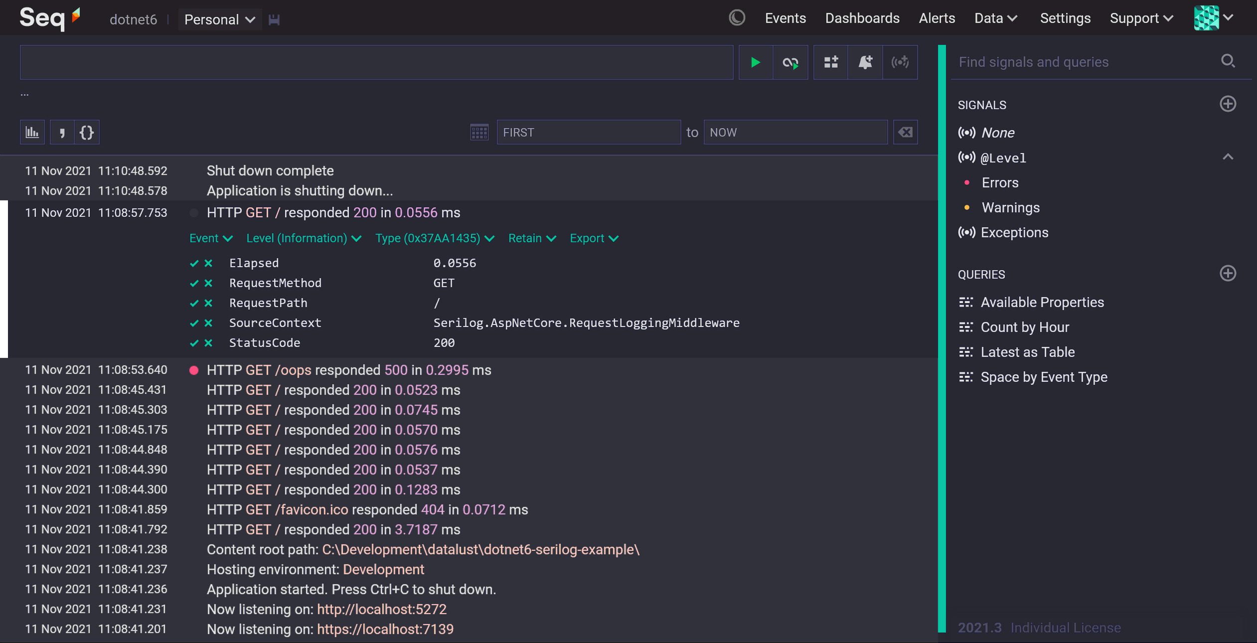 .NET 6 web application logs in Seq