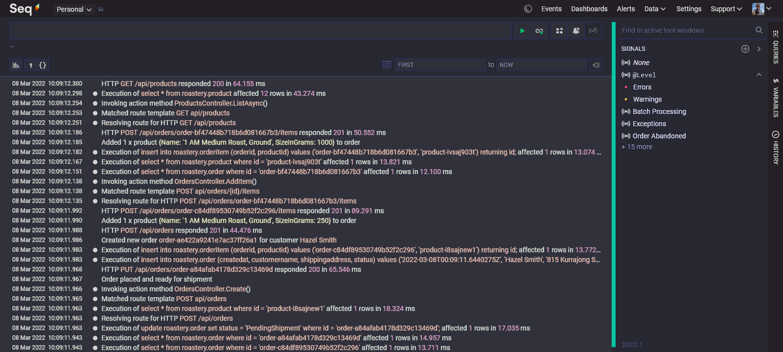 Seq 2022.1 events screen with right-hand tab drawer