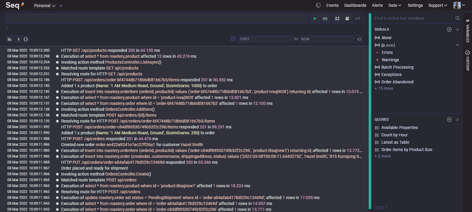 Seq 2022.1 Events screen with Signals and Queries tool windows expanded.