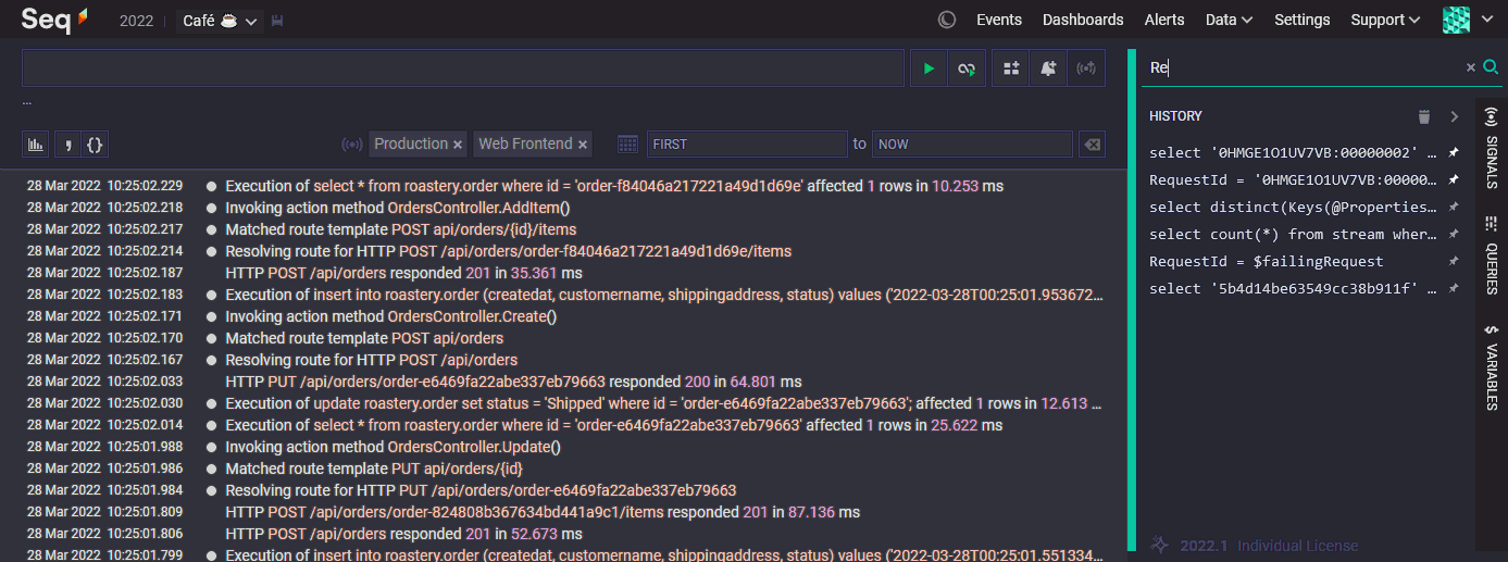 Seq events screen showing new History window; filter box above shows the input text Re, history entries that include the text Re are shown.