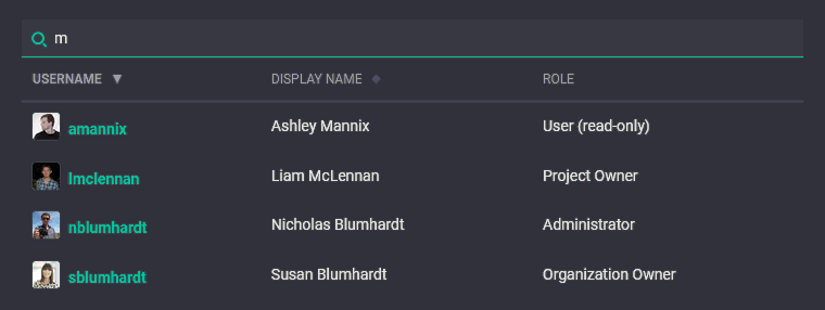 User search in Seq 2022.1, showing User (read-only), Project Owner, Administrator, and Organization Owner users in results.