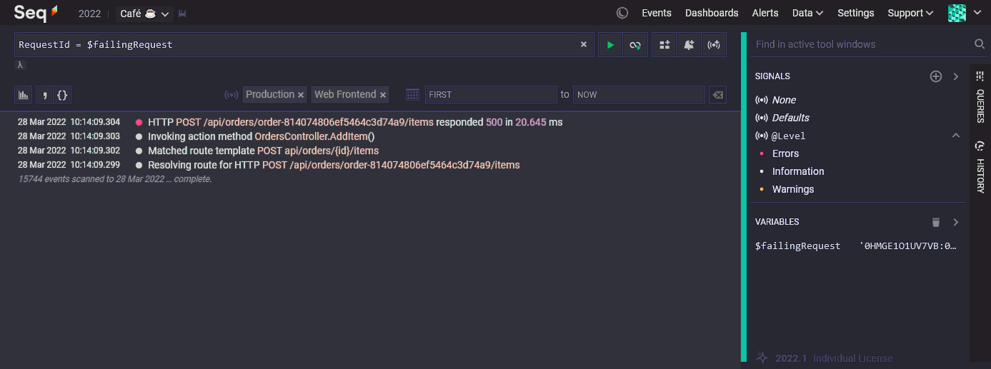 Seq log search RequestId = $failingRequest, showing four matching events. Variables window in the right hand pane shows $failingRequest = '0HMGE1O1UV7VB:00000002'