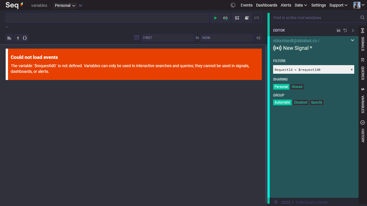 A new signal with filter "RequestId = $requestId0". The search results pane shows the error "The variable $requestId0 is not defined. Variables can only be used in interactive searches and queries, they cannot be used in signals, dashboards, or alerts."