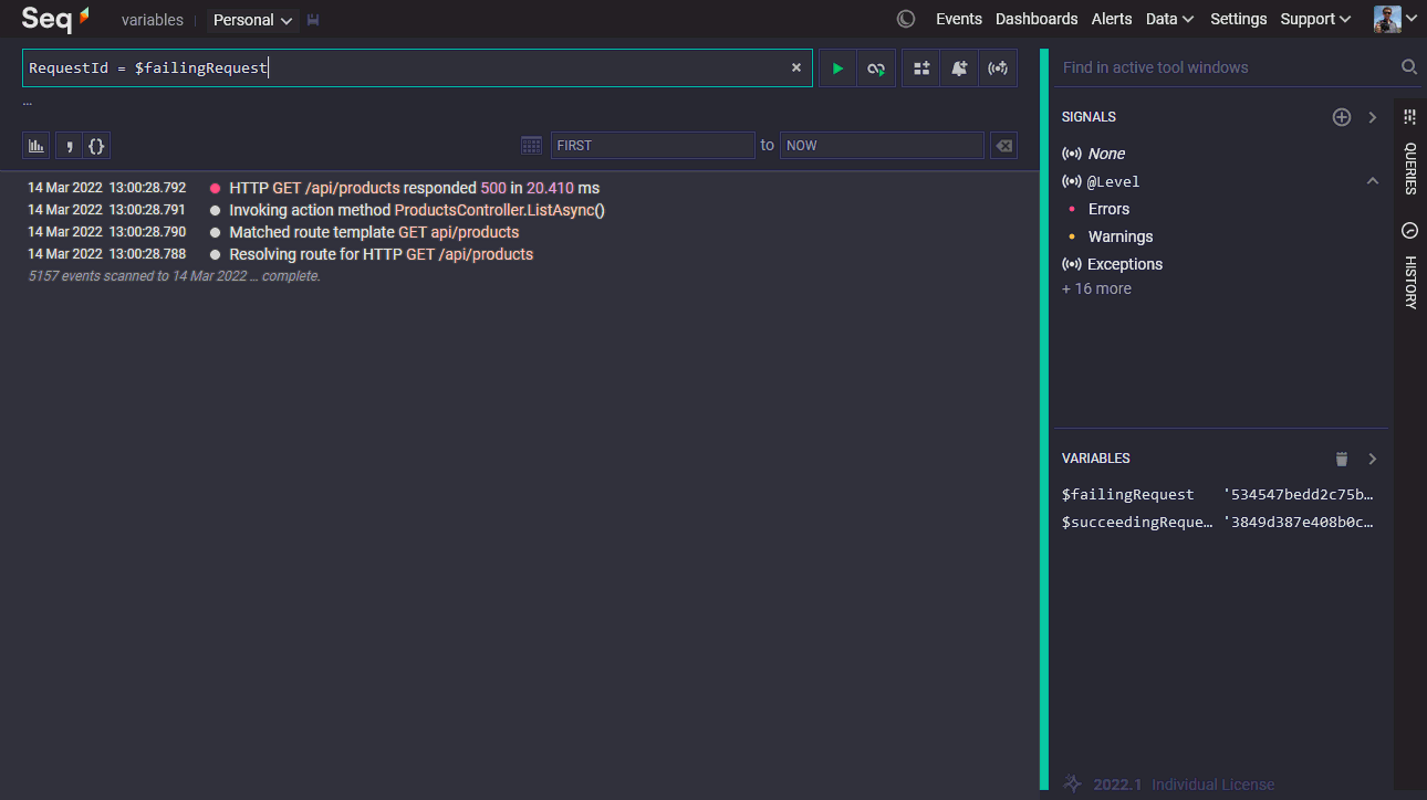 Executing the search "RequestId = $failingRequest" to find events with a particular request id.