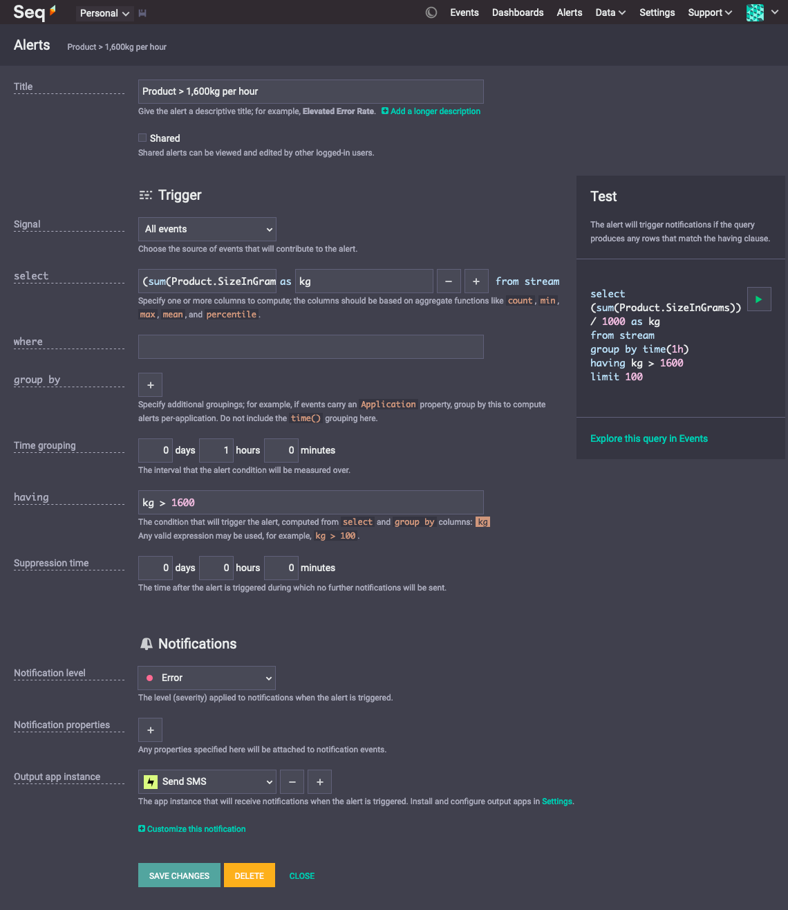 Creating an Alert that sends SMS messages