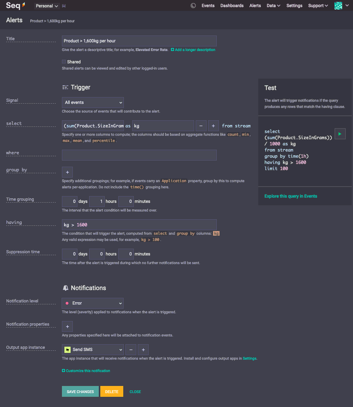 Creating an Alert that sends SMS messages