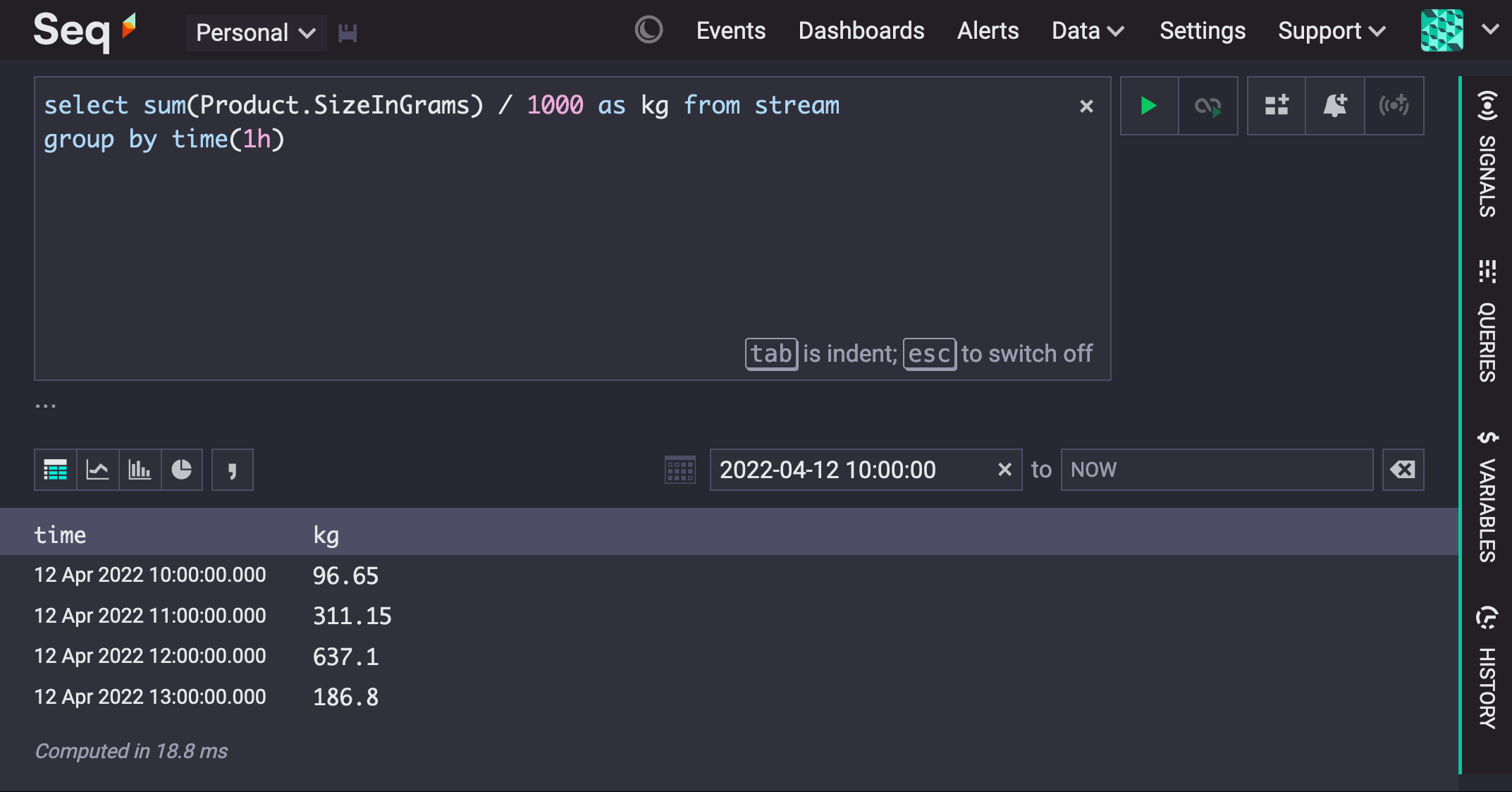 Seq events screen with query "select sum(Product.SizeInGrams) / 1000 as kg from stream group by time(1h)"