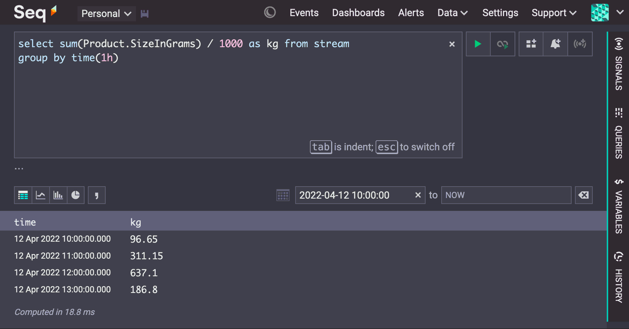 Seq events screen with query "select sum(Product.SizeInGrams) / 1000 as kg from stream group by time(1h)"