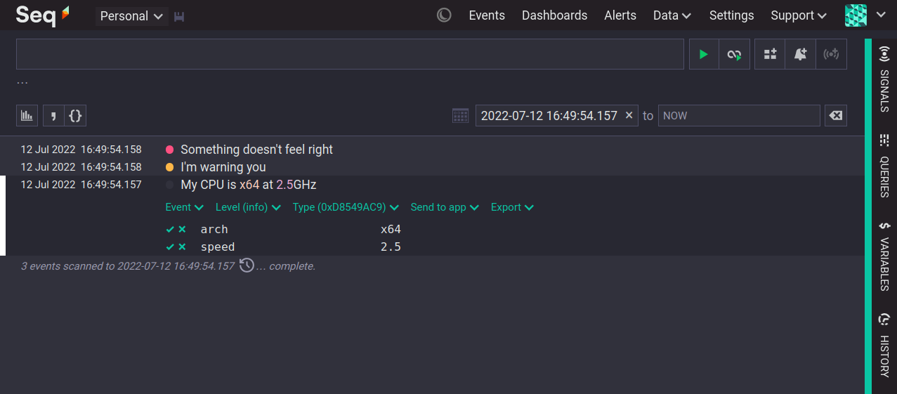 Seq events page showing one information event, one warning event, and one error event