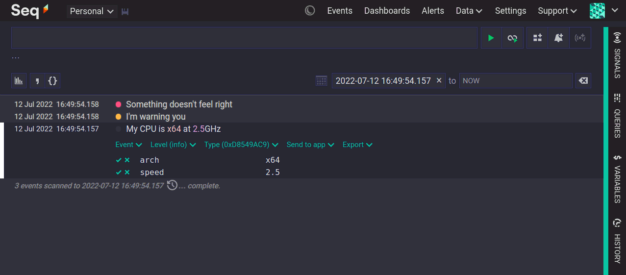Seq events page showing one information event, one warning event, and one error event
