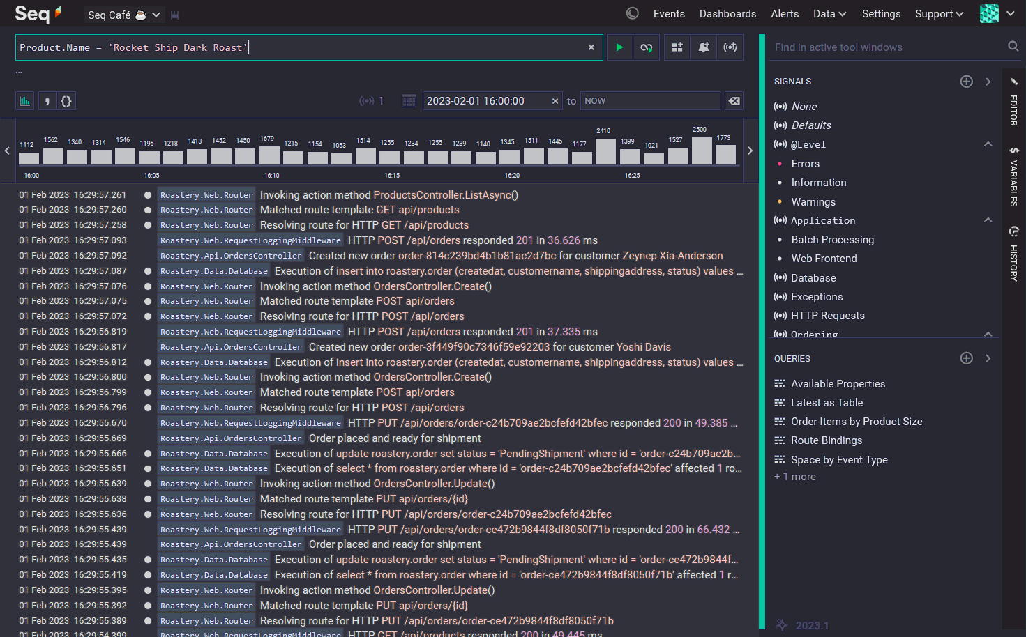 The Seq Events screen, showing an example query.