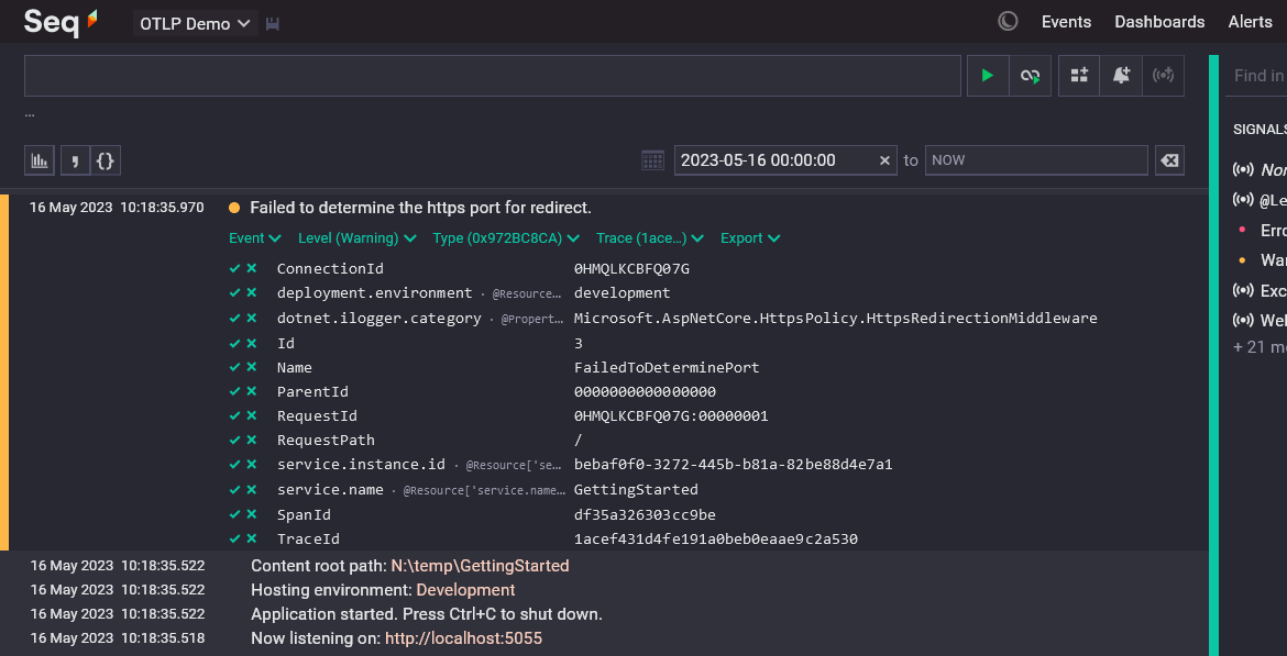 Seq Events screen showing events ingested from ASP.NET Core with OpenTelemetry.