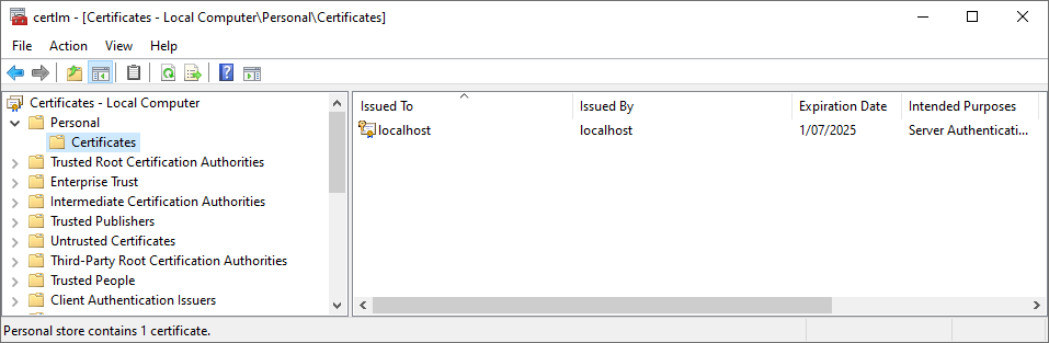 certmgr.msc showing a certificate issued to "localhost" in the Local Computer/Personal certificate store.
