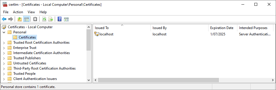 certmgr.msc showing a certificate issued to "localhost" in the Local Computer/Personal certificate store.