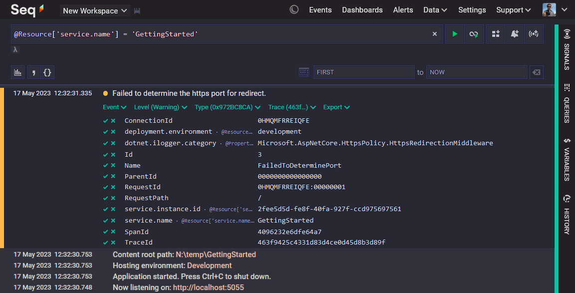 Seq events screen showing the query @Resource['service.name'] = 'GettingStarted' and example matching events.