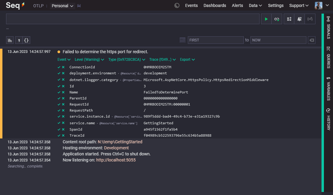 Seq showing events collected from ASP.NET Core via the OpenTelemetry .NET SDK.