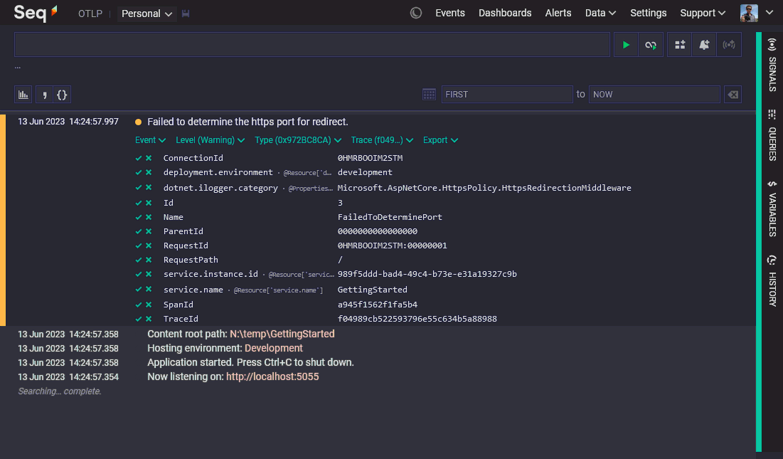 Seq showing events collected from ASP.NET Core via the OpenTelemetry .NET SDK.