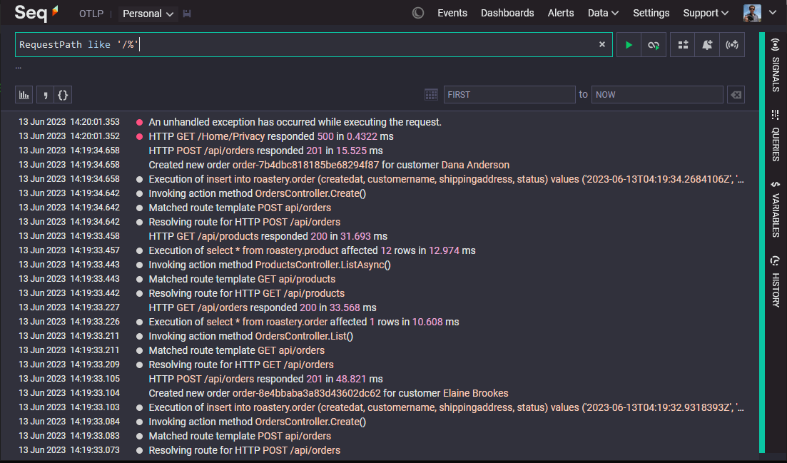 Seq displaying ingested log events.