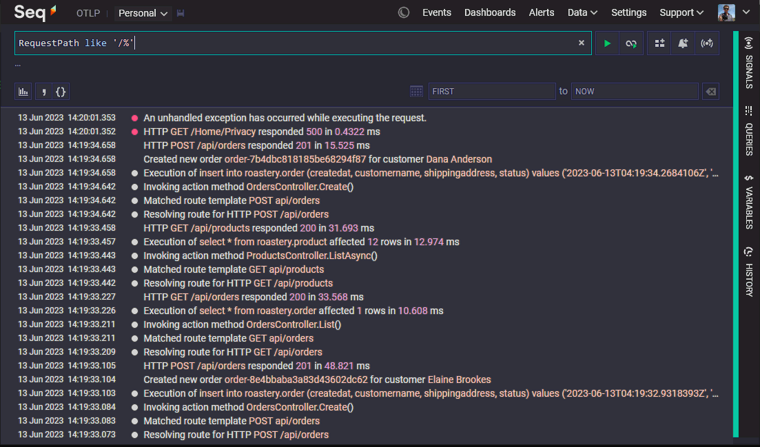 Seq displaying ingested log events.