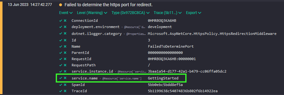 Expanded event view showing the service.name resource property.