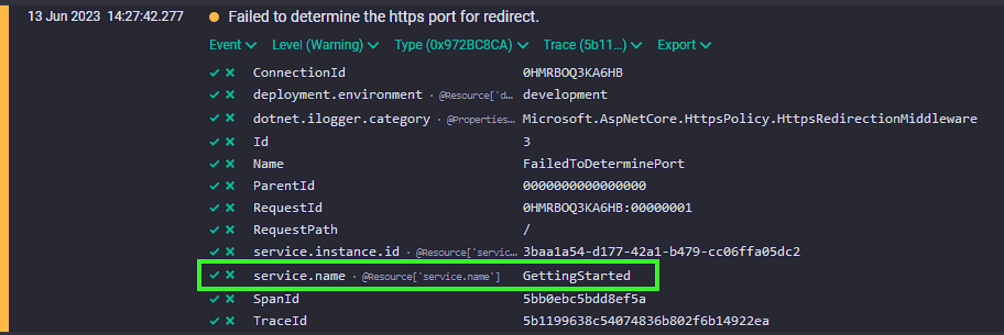 Expanded event view showing the service.name resource property.